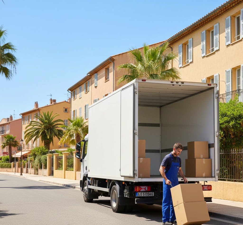 Camion de demenagement a Vallauris dans rue mediterraneenne avec facades colorees